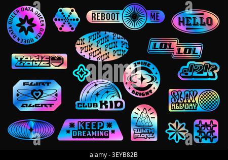 Hologram iridescent y2k stickers, retro label patches. Vector silver metal stickers with iridescent rainbow gradient, retro y2k stars, hearts, sun and globe shapes, aesthetic hologram geometric badges Stock Vector