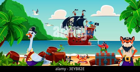 Cartoon funny animal pirates and corsair ship. Vibrant illustration of pirate animal crew on tropical beach. Playful filibuster goose, tiger and crab for kids book spreads and nursery decor Stock Vector