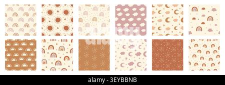 Boho seamless patterns collection with rainbows, suns, clouds, moons and stars in pastel pink, beige and terracotta tones. Cute nursery backgrounds for fabric, wallpaper, textile and kids decor. Stock Vector
