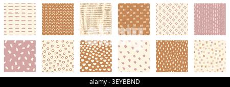 Seamless boho abstract patterns collection. Hand drawn brush strokes, arches, dots, raindrops and geometric shapes in pink, beige and terracotta. Modern Scandinavian textile backgrounds set. Stock Vector