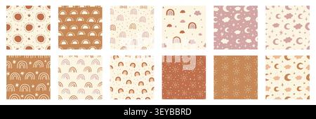 Seamless boho celestial patterns collection featuring rainbows, suns, moons, clouds and stars in pink, beige and terracotta colors. Trendy nursery, fabric, textile and wrapping paper backgrounds. Stock Vector