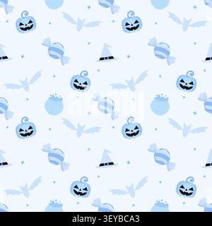 Adorable seamless pattern with blue pastel Halloween icons. Perfect for spooky season wallpaper, gift wrap, and fabric design. Flat vector art isolate Stock Vector
