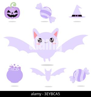 Adorable purple Halloween vector set featuring a cute bat character, pumpkin, witch hat, and magic cauldron. Ideal for spooky season stickers and plan Stock Vector