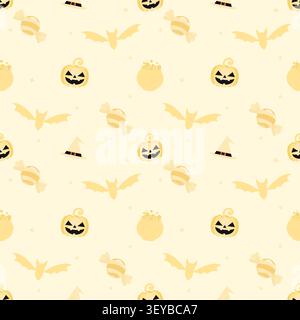 Cheerful seamless pattern featuring yellow pastel Halloween icons. Includes pumpkins, bats, and magic cauldrons. Great for festive wallpaper, scrapboo Stock Vector