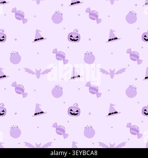 Adorable seamless pattern with purple pastel Halloween icons like pumpkins, bats, and witch hats. Perfect for spooky season wallpaper, gift wrap, and Stock Vector