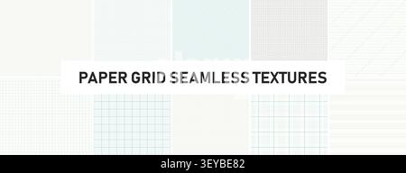 Collection of vector seamless geometric patterns. Grid paper textures. Realistic lined, squared graph outline prints. Minimalistic striped blanks Stock Vector