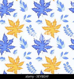 Elegant pattern with autumn leaves in yellow and blue color palette. Flat vector illustration for seasonal decor, fall design Stock Vector