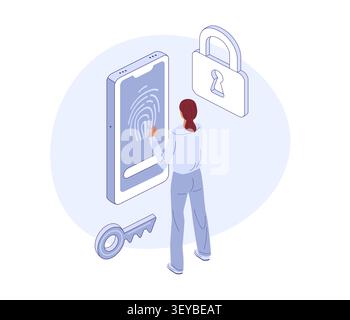 Phone user logging into account with fingerprint. Isometric vector for security app, biometrics poster, or mobile banking blog. Stock Vector