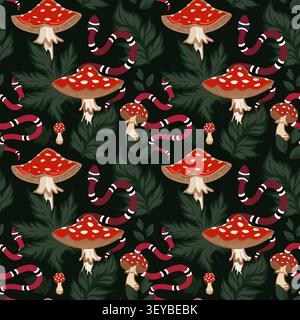 Magical seamless pattern with amanita mushrooms, leaves, and red snake on dark background. Flat vector illustration for forest Stock Vector