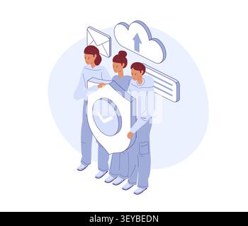 Data protection team. People holding shield protecting data. Vector isometric for security campaign, privacy poster, or IT blog. Stock Vector