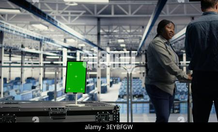 Data center worker works with a chroma key tablet, using an editable screen to manage machine learning workloads. Stock Photo