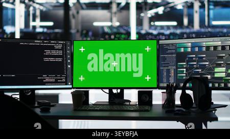 Green screen computers monitor energy use and automated equipment processes inside a data center. Stock Photo