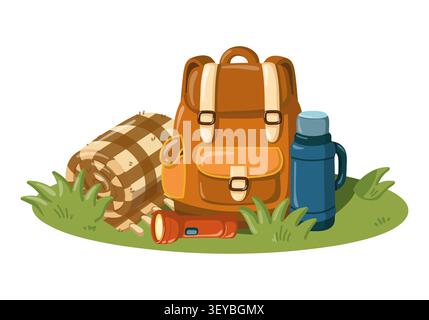 Camping equipment composition with backpack. Cartoon vector isolated illustration on white background.  Stock Vector