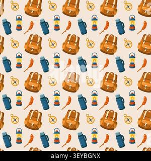 Camping gear seamless pattern on beige background. Cartoon vector outdoor equipment print. Stock Vector