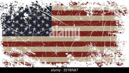 A heavily weathered rendition of the American flag in deep navy, dark red, and aged khaki tones, covered with intense scratch marks, splattered texture, and rough chipped edges that give it an authentic battle worn or aged metal sign appearance. The dense layering of cracks, scuffs, and splatter creates a raw, rugged aesthetic that conveys strength, resilience, and the weight of history. This bold and textured design is ideal for military and veteran tribute graphics, Independence Day and Memorial Day promotions, rugged outdoor and tactical branding, vintage signage and poster art, motorcycle  Stock Vector
