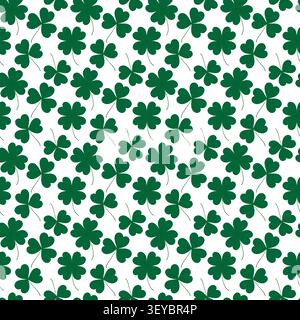 Repeating seamless pattern of four leaf clovers and shamrocks scattered across white background. Minimal flat design Poster or web promo banner, label, price tag, greeting thematic card, post backdrop Stock Vector