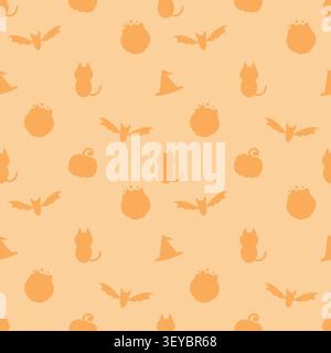 Warm orange pastel Halloween icons seamless pattern background. Includes silhouettes of pumpkins, bats, and cats. Great for gift wrap, textile, and ho Stock Vector