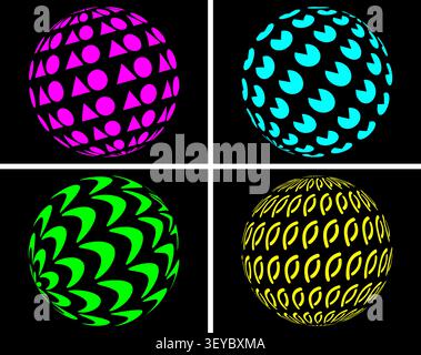 Set of four spheres with glowing geometric neon patterns Stock Vector