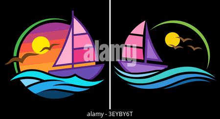 Colorful flat vector illustrations of stylized sailboats on the ocean Stock Vector