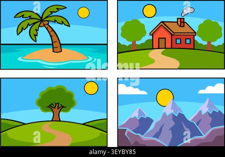 Four vibrant cartoon landscapes featuring nature scenes in square frames Stock Vector