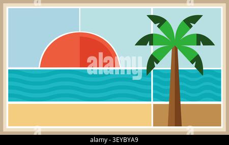 Minimalist vector illustration of a tropical beach sunset with a palm tree Stock Vector