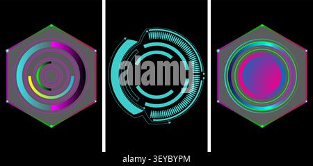 Three futuristic abstract digital interface elements against a black background Stock Vector