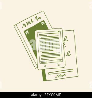 Doodle vector illustration of an open ereader with text, overlapping two patterned physical books. A minimalist comparison of digital and traditional Stock Vector