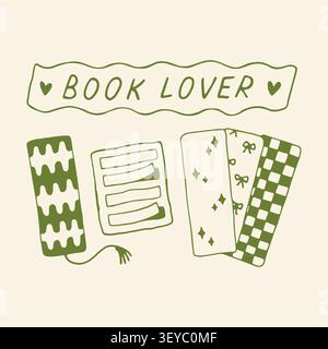 Vector illustration of a collection for a BOOK LOVER, featuring a decorative text banner with hearts and several patterned bookmark strips below. Hand Stock Vector