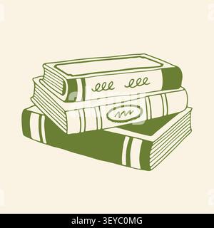 Vector illustration of a stack of three books, hand drawn in green line art from a side angle. The middle book has abstract swirls on its spine. A Stock Vector