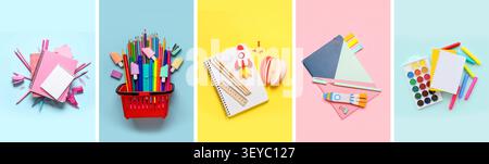 Colorful school supplies and stationery on pastel backgrounds Stock Photo