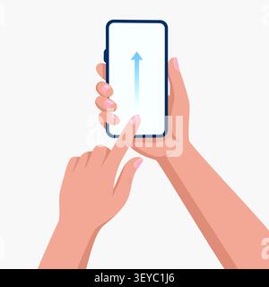 Flat Cartoon Vector Smartphone Swipe Up Gesture Illustration. Smartphone Screen in Hand. Mobile Phone Touch Gesture with Finger Swiping Up on Stock Vector