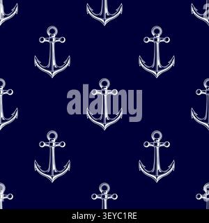 Anchor Seamless Pattern, Vector Illustration. Anchor Nautical Pattern. Anchor Background with White Marine Anchors on Dark Blue. Maritime Fabric Stock Vector