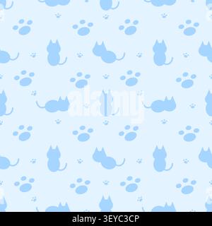 Adorable blue pastel cat silhouette and paw print seamless pattern. Great for baby boy nursery wallpaper, fabric design, and pet stationery. Flat vect Stock Vector