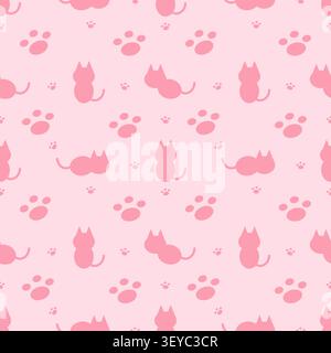 Adorable pink pastel cat silhouette and paw print seamless pattern. Perfect for girl nursery decor, fabric prints, and sweet pet themes. Flat vector a Stock Vector