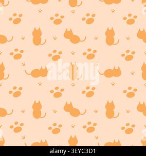 Adorable orange pastel cat silhouette and paw print seamless pattern. Ideal for warm festive wallpaper, gift wrap, and cute pet stationery. Flat vecto Stock Vector