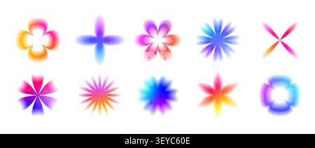 Blurry smooth gradient flower pack. Iridescent blurred blossom shapes collection. Abstract fading bloom elements for sticker, poster, template, badge, collage. Vector bright gradation floral aura set Stock Vector