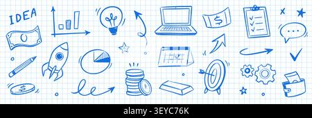 Business money doodle icon set. Hand drawn business money icon calendar with chalk doodle graph arrow finance. Marketing growth goal analytics rocket innovation elements. Vector illustration Stock Vector