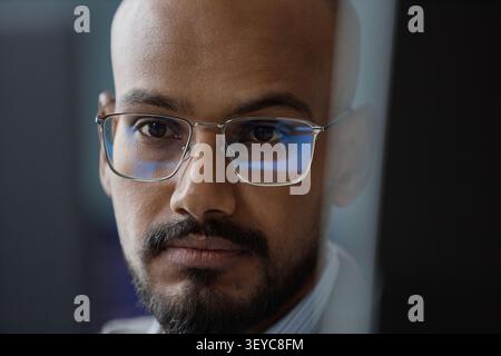 Portrait of Adult Man Wearing Glasses in Information Technology Office Stock Photo