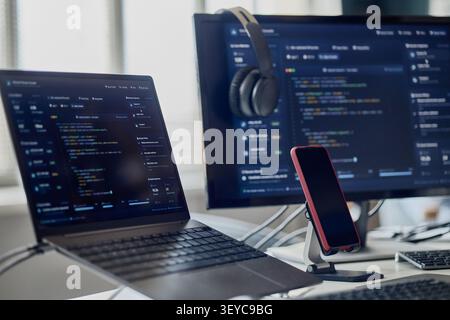 Software Development Workspace Displaying Code for it Office Use Stock Photo