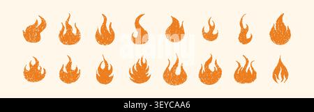 Crayon fire. Flames with brush doodle texture. Wax scribble shape and sticker. Vector illustration on white background Stock Vector