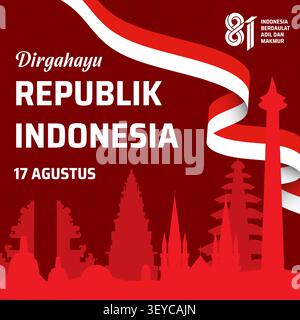 81st Indonesia Independence Day Square Banner with Landmark Stock Vector