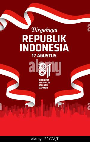 81st Indonesia Independence Day Poster Template with Flag Ribbon Stock Vector