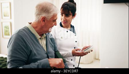 Nurse, machine and old man in retirement home with blood pressure test ...