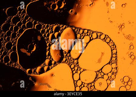 Macro view of suspended oil droplets and tiny bubbles forming organic shapes against warm orange light with dark contrast and fluid texture Stock Photo