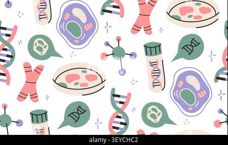 Vector seamless pattern with DNA and molecules in a naive flat style. Scientific texture for wrapping paper and wallpaper. Genetic study of deoxyribon Stock Vector