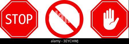 Red Stop, Prohibition and Hand Signal Icons. Vector Illustration Stock Vector