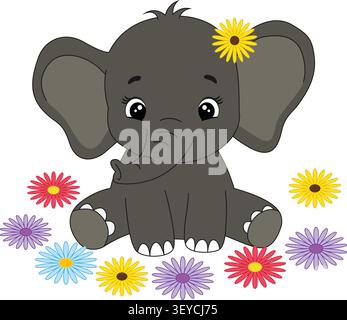Cute Baby Elephant Cartoon Illustration with Colorful Flowers Stock Vector