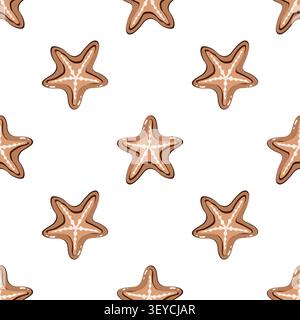 Seamless starfish pattern on transparent background. Beige brown color. Design for fabric, wallpaper, wrapping paper, and coastal decor. Cartoon style Stock Vector