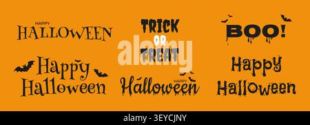 Halloween poster with orange background, spooky dripping fonts, bats, and themed phrases like Trick or Treat, Boo Stock Vector