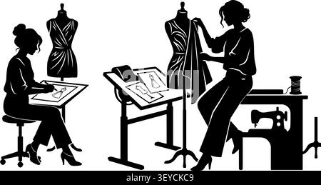 Fashion Designer Workspace Silhouette Illustration with Dressmaking and Sewing Studio Stock Vector